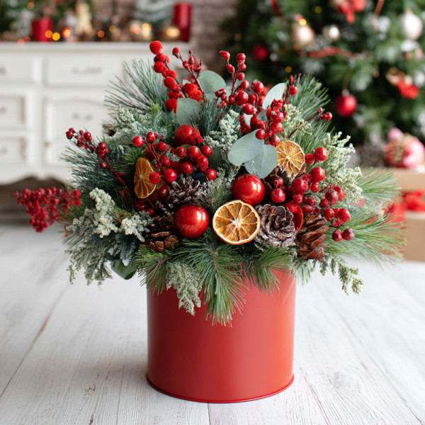 Festive Christmas Floral Centerpiece – Rustic Red & Green Holiday Charm